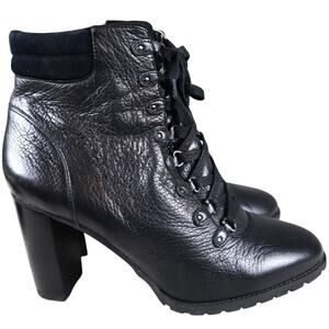 Y2K Antonio Melani Lug Sole Black Leather Lace Up Boots Heel Ankle Booties 9.5